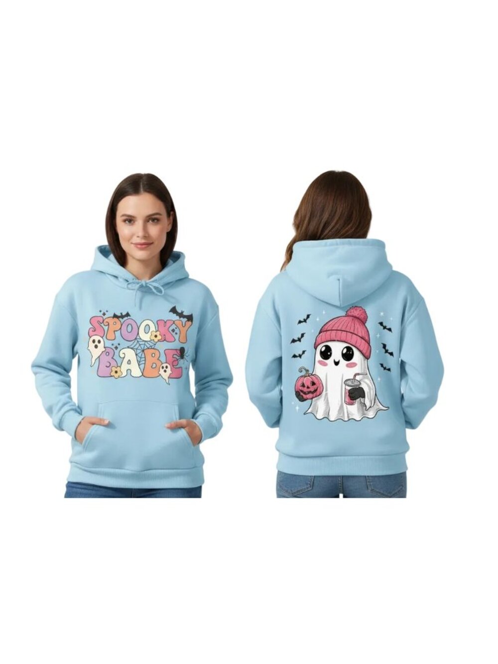 Spooky Babe Cute Ghost Kangaroo Pocket Oversized Halloween Pullover Hoodie Top